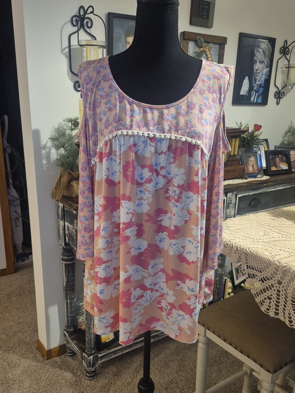 new directions Pink Floral Cold-Shoulder Tunic with Pom-Pom Trim